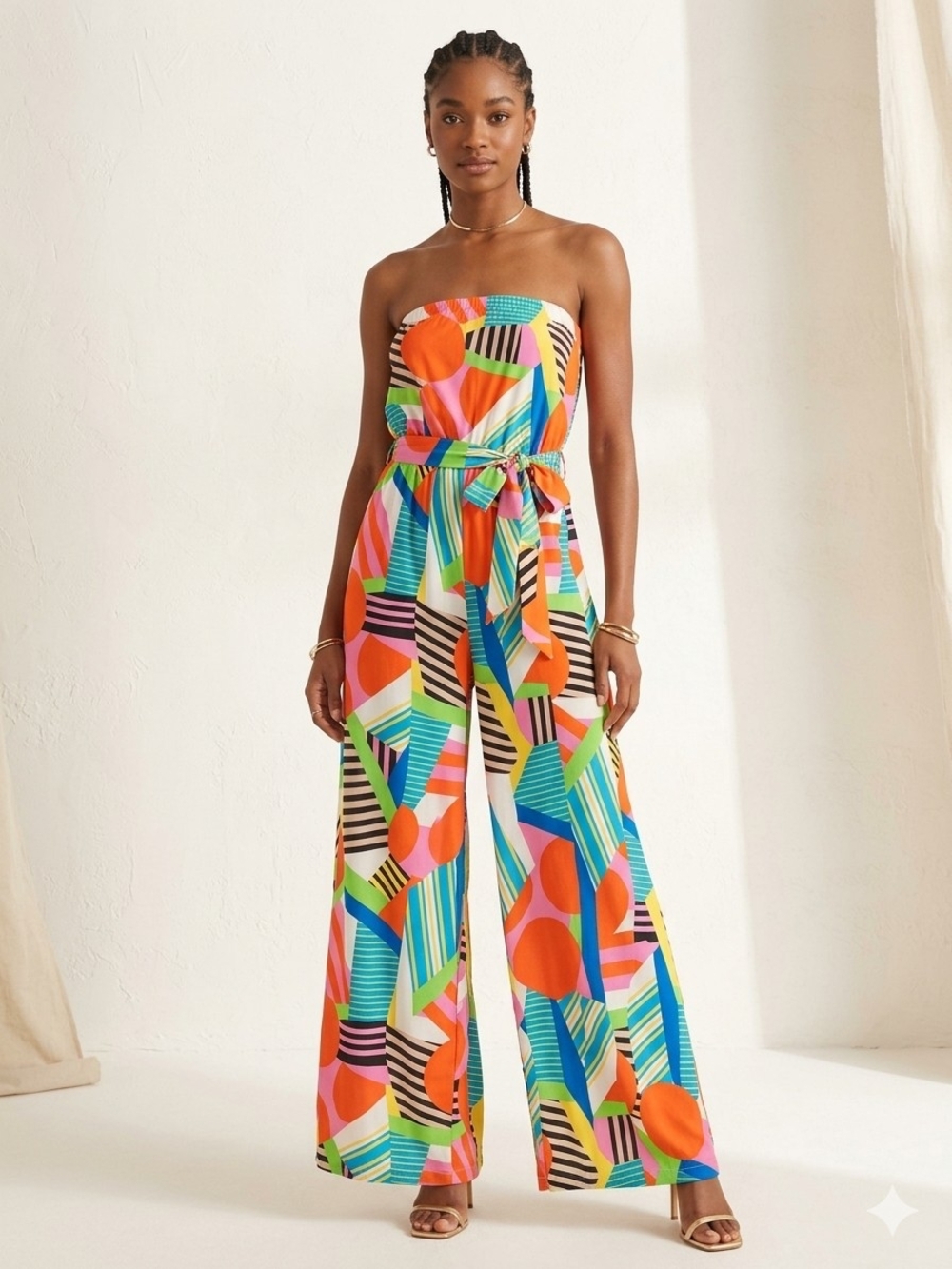 Strapless Wide-Leg Jumpsuit in Bright Geometric Multi